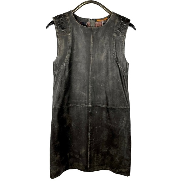HUGO BOSS DISTRESSED LEATHER SLEEVELESS EMBROIDERED FITTED SHEATH MINI DRESS - Picture 4 of 15
